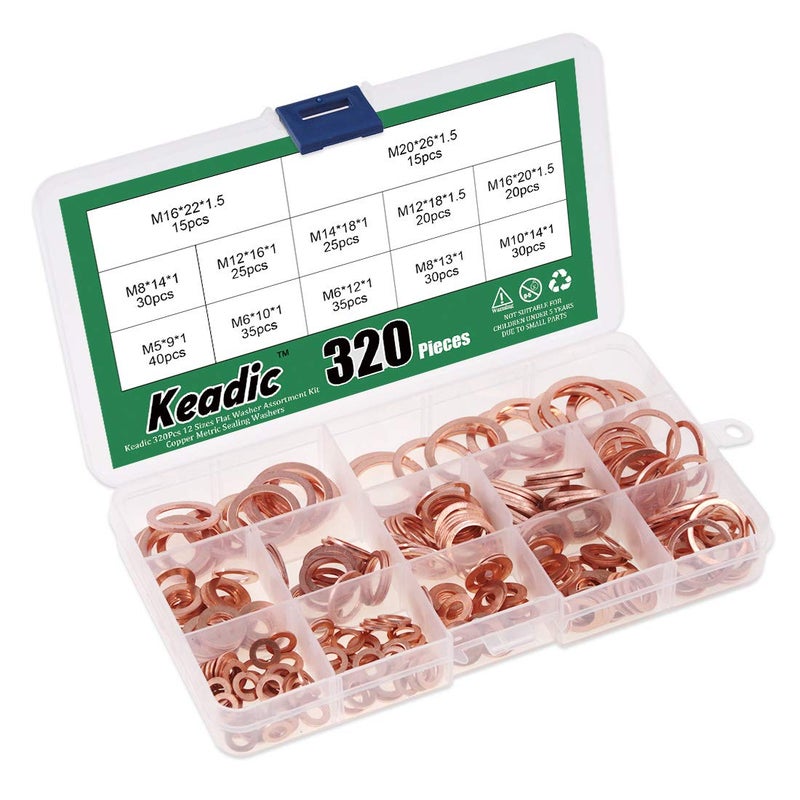 Keadic 320Pcs Copper Washers, 12 Sizes Copper Crush Washer, Coppers Sealing Washers Flat Ring Sump Plug Oil Seal Gasket Flat Washers Assortment Kit for Automotive M6 M8 M10 M12 M14 M16 M18 M20 - Image 5